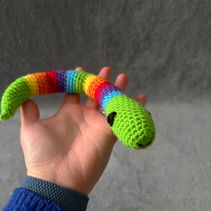 Silas the Snake – Handmade Rainbow Crochet Toy | CE Tested & Customisable